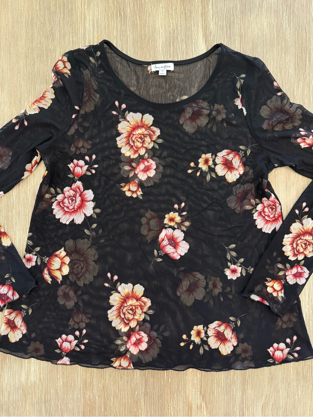 love, Fire Black Sheer Long-Sleeve Top with Red and Cream Floral Print Medium